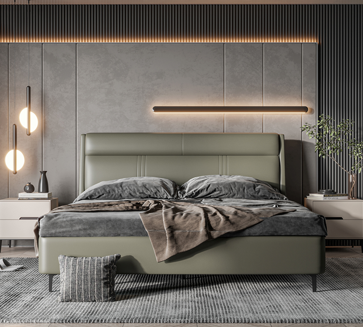 ZBOM HOME Forest Language Leather Bed (Olive) in situ