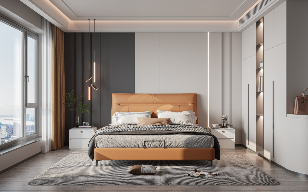 ZBOM HOME Green Leather Bed (Amber orange) in situ