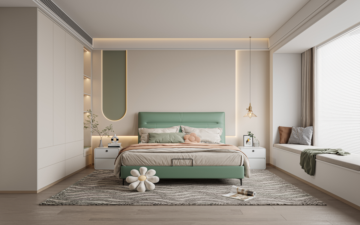 ZBOM HOME Green Leather Bed (Camellia green) in situ