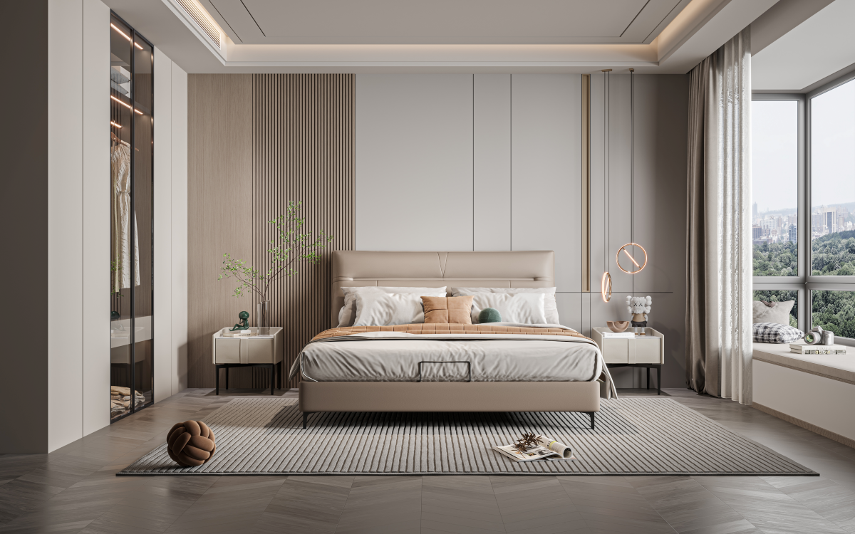 ZBOM HOME Green Leather Bed (Light brown tea) in situ