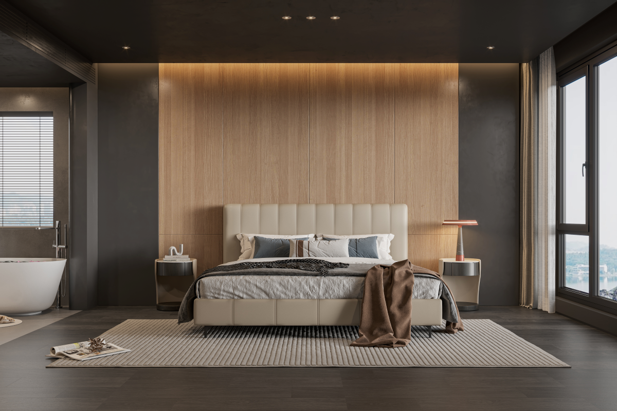 ZBOM HOME Sharp Boundary Leather Bed (Apricot grey) in situ