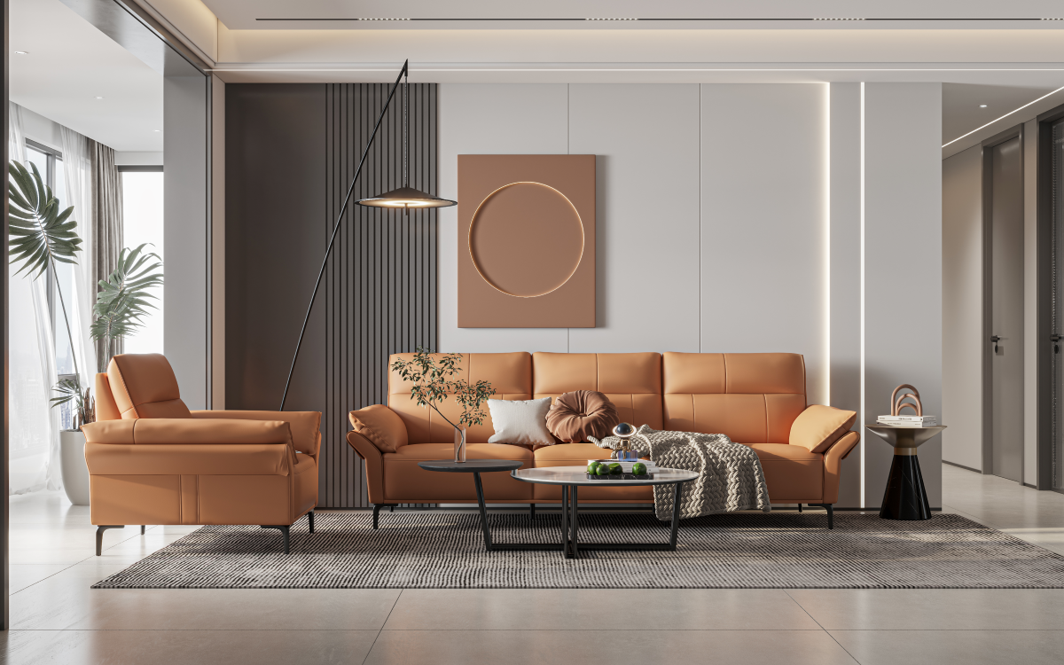 ZBOM HOME Green Leather Sofa (Coral orange) in situ