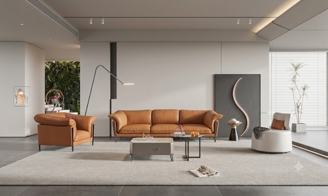 ZBOM HOME Zero Sense Capsule Leather Sofa (Warm Orange) in situ