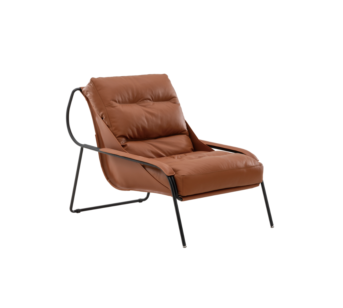 Brown leather lounge chair with metal frame