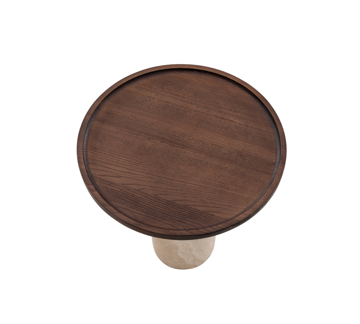 Round wooden table with stone base