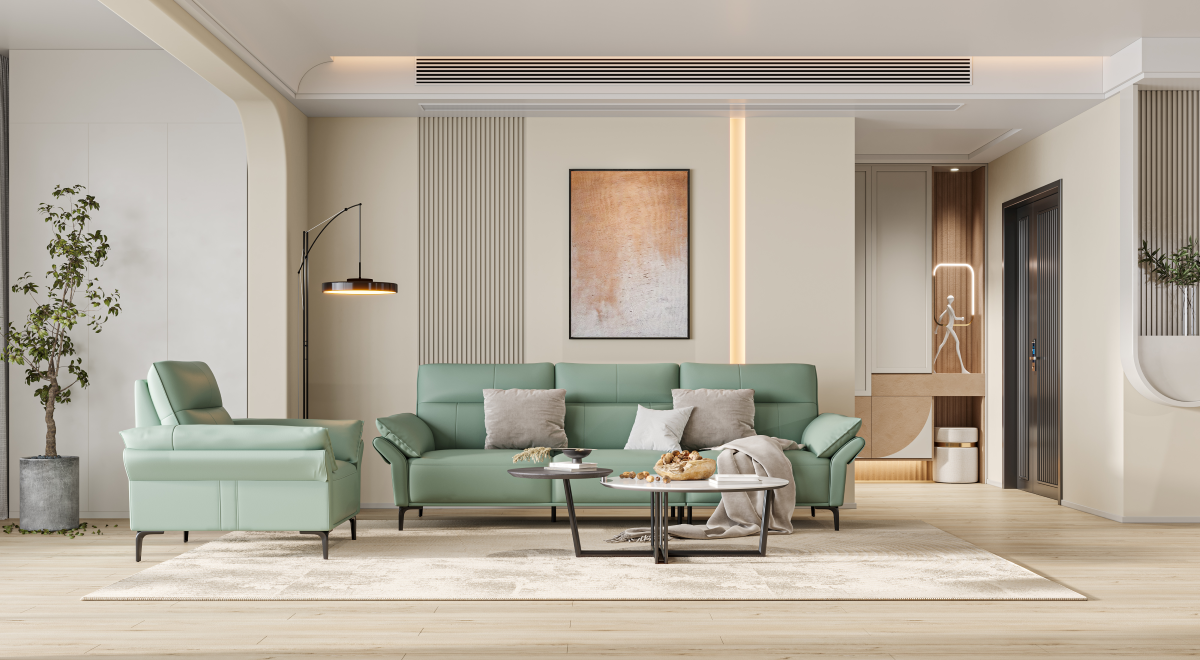 ZBOM HOME Green Leather Sofa (Mint Green) in situ